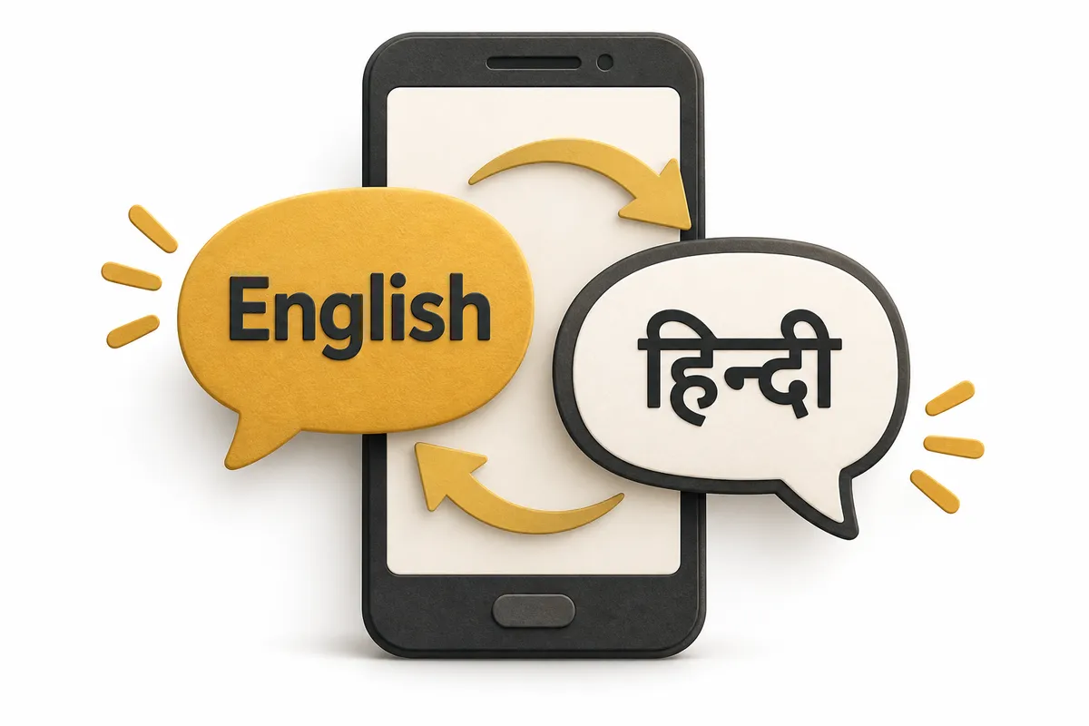 English and Hindi speech bubbles with switching arrows around a stylised phone.