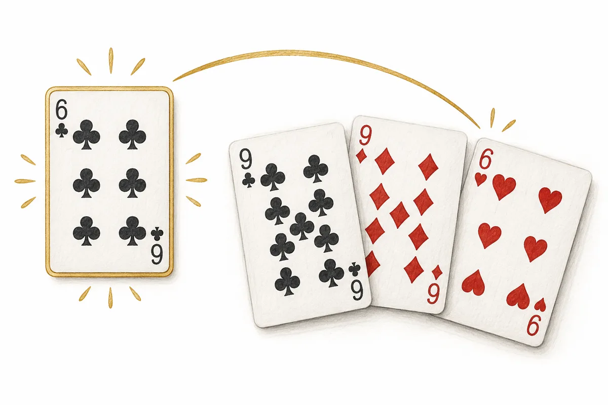 Six of clubs as the Hukam indicator beside a hand of nine of clubs, nine of diamonds and six of hearts.