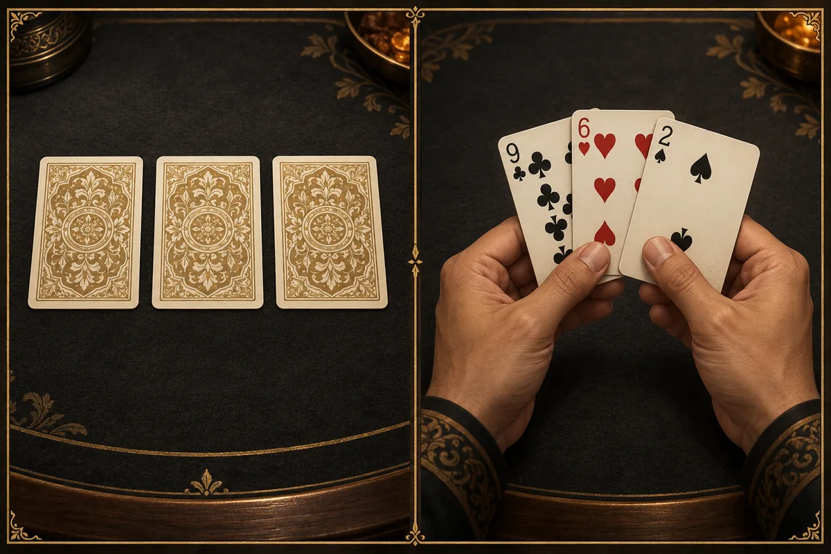 Blind means you have not looked at your cards; seen means you have. These two player views show information state, not hand strength or revealing cards to an opponent. Three unseen face-down cards on the left; a player privately viewing their three cards on the right.