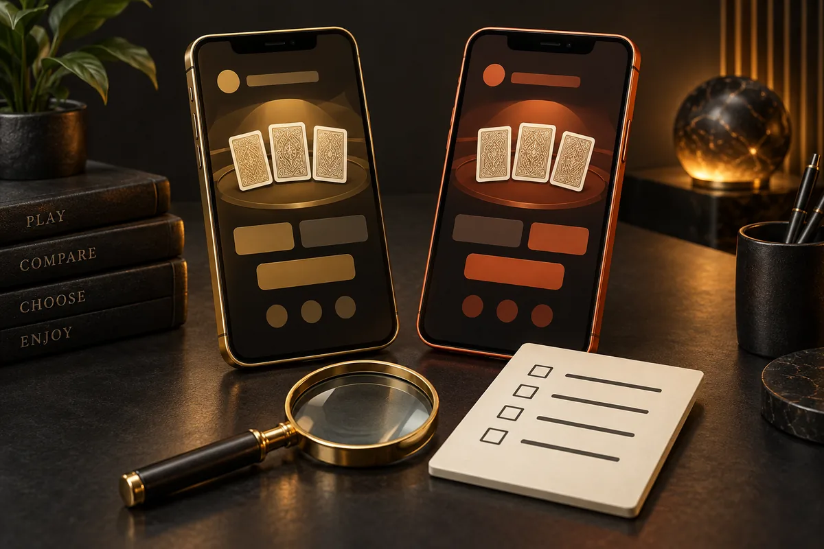 Two generic card-game phones beside a magnifying glass and an empty comparison checklist.