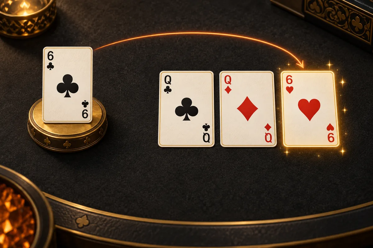 A separate six of clubs indicates the wild rank; the hand contains queen of clubs, queen of diamonds and six of hearts.