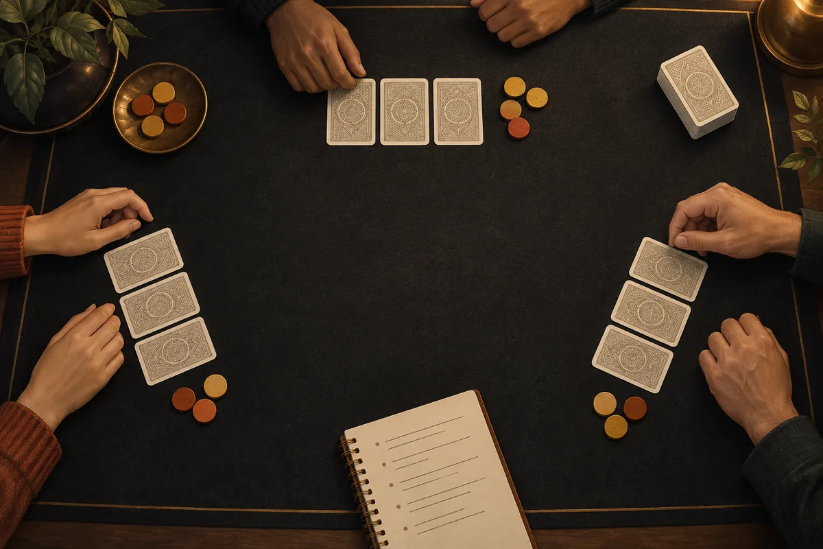 A three-player practice setup. Agree the rules before dealing and use counters with no cash or prize value. Three adult players practise with three face-down cards each, wooden counters and a rules notebook.