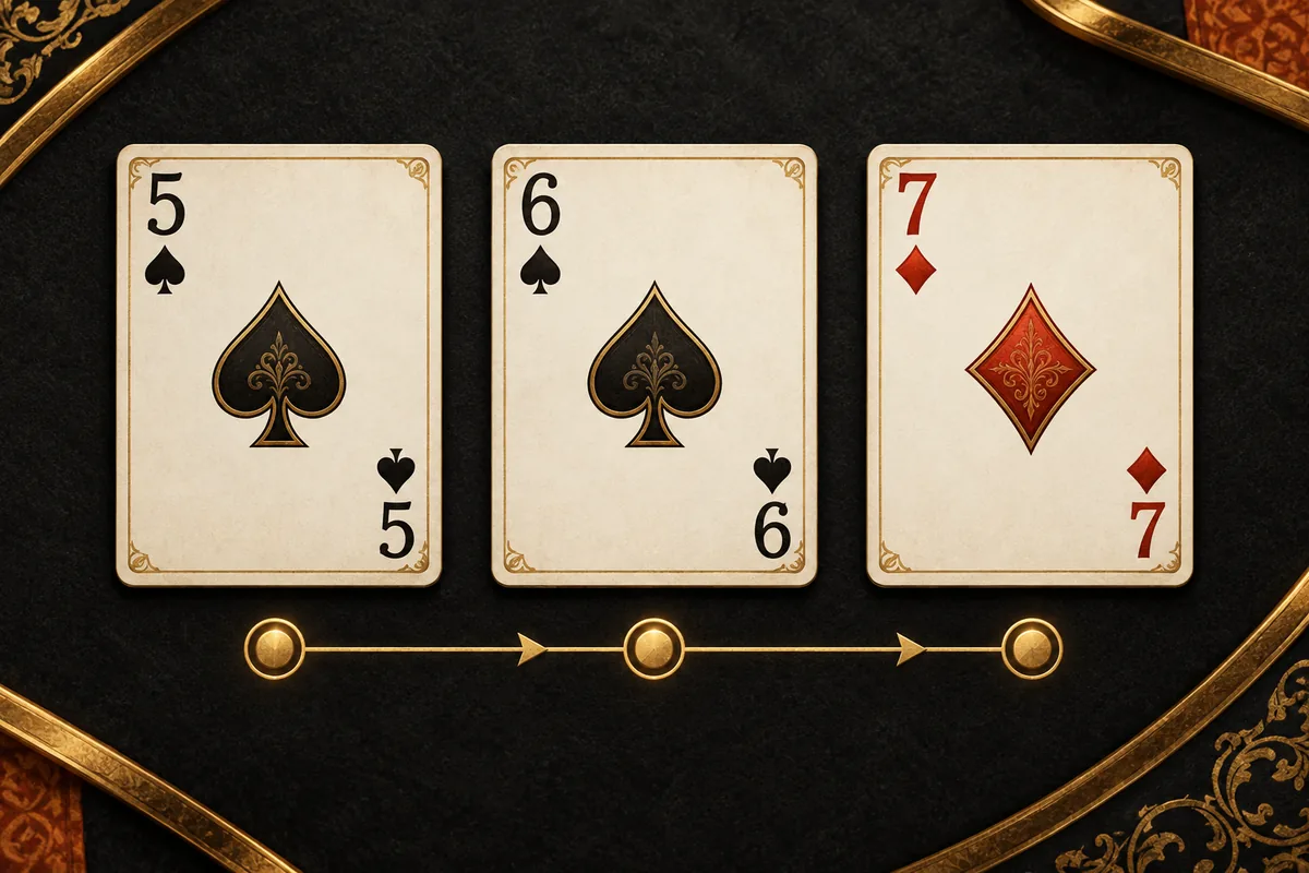 Five of spades, six of spades and seven of diamonds connected in consecutive rank order.