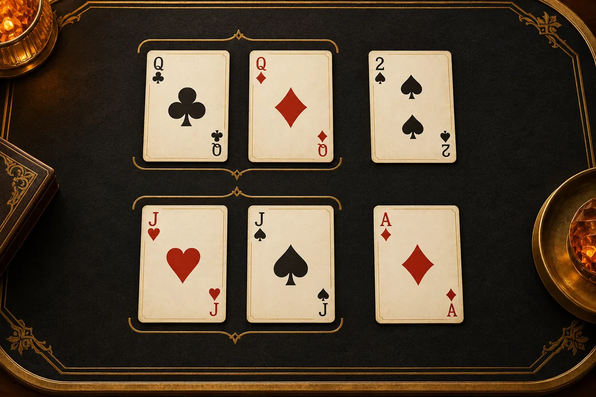 Compare the pair first: Q♣ Q♦ 2♠ beats J♥ J♠ A♦. The ace kicker cannot beat a higher pair. Two queens with a two kicker, compared with two jacks and an ace kicker.