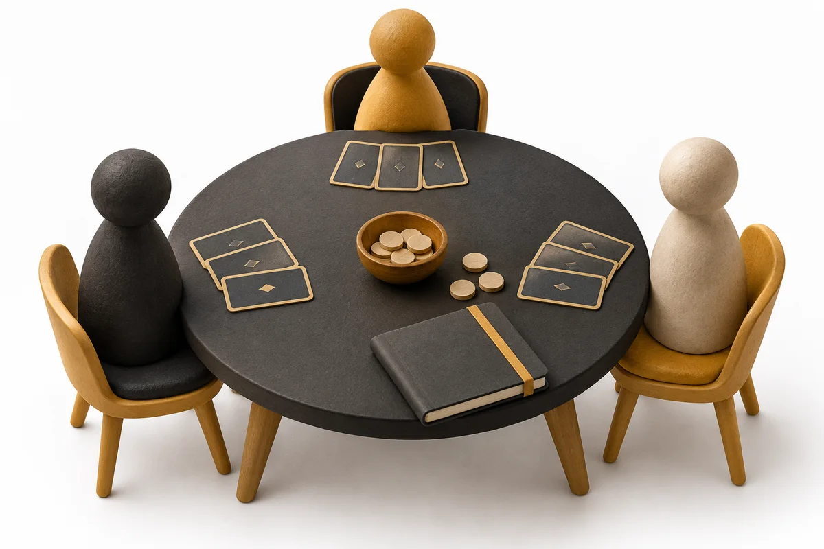 Three seats with face-down cards and wooden counters around a practice table.