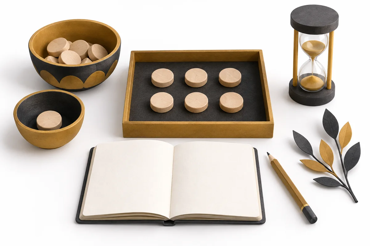 Six wooden counters in a tray beside a notebook and hourglass for recording a practice round.