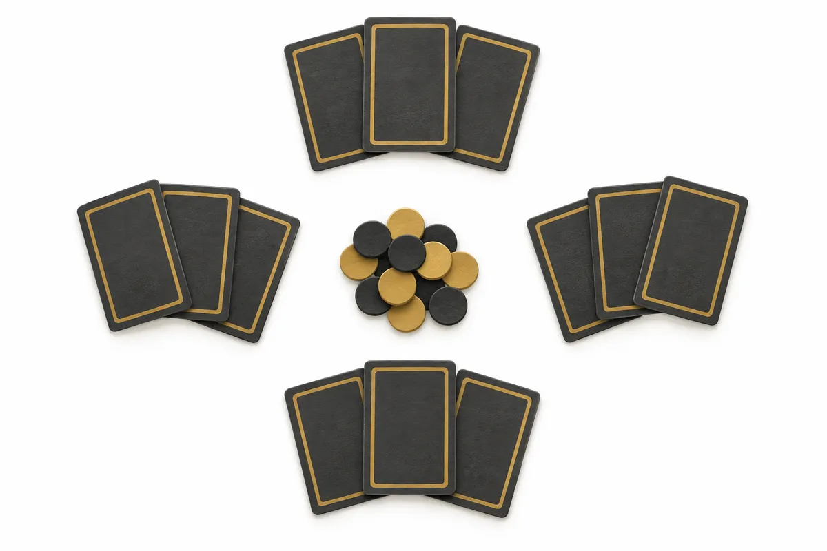 Four groups of three face-down cards surrounding a shared pile of practice tokens.