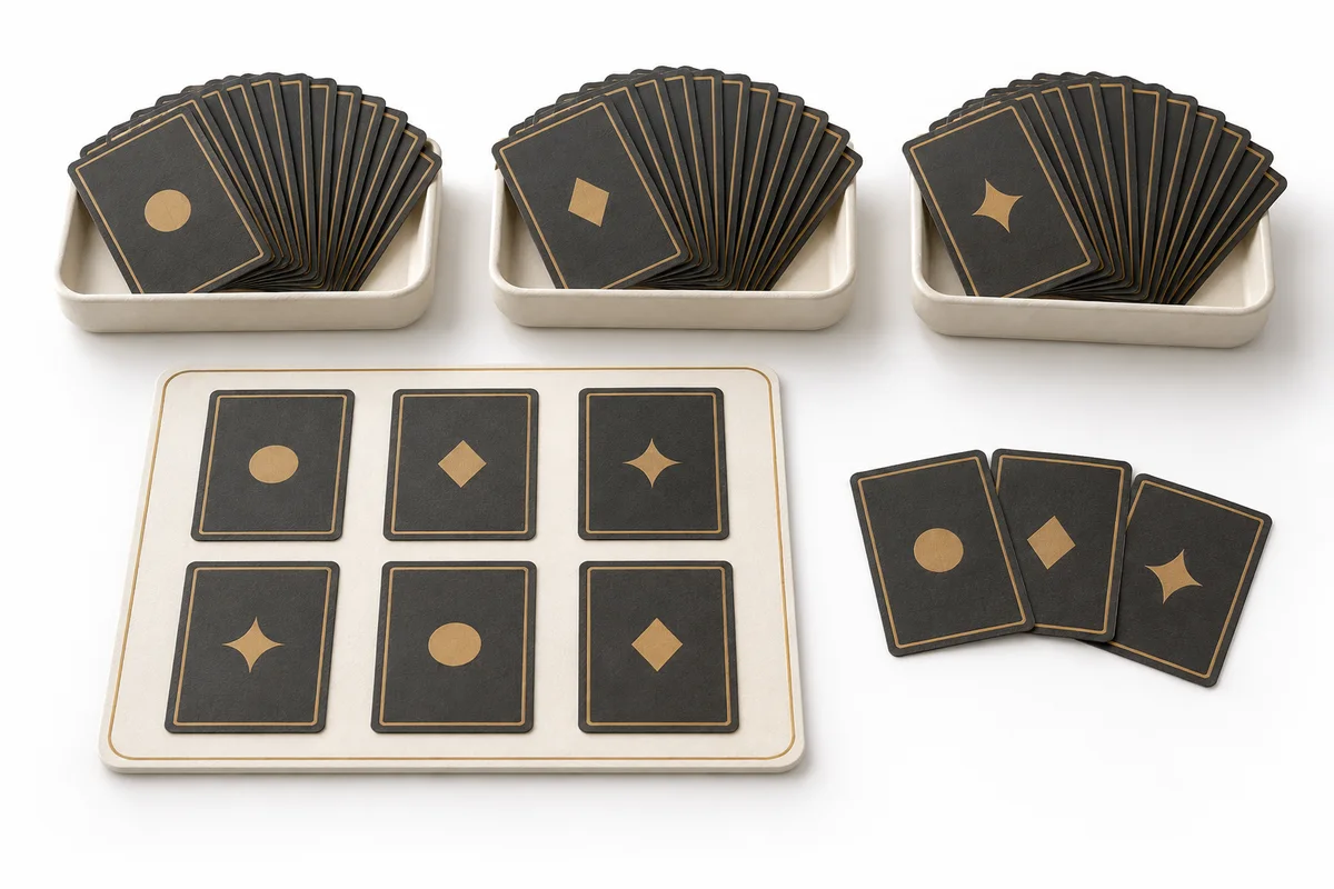Three card trays, a face-down board and a three-card hand introduce different card-game tasks.