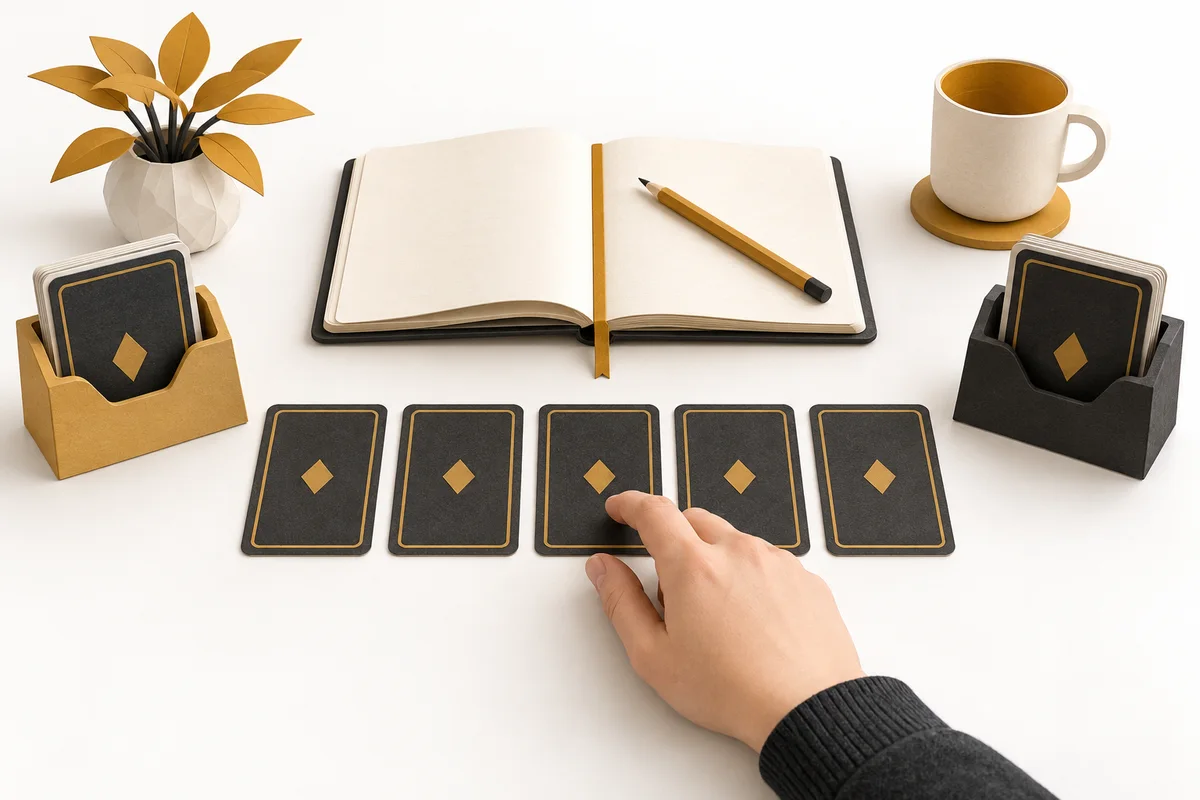 Five face-down cards between two card holders beside a notebook for a hand-selection exercise.