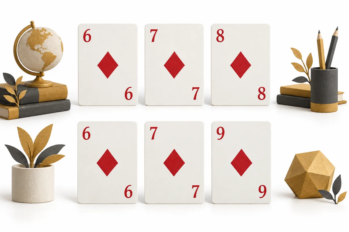 Six, seven and eight of diamonds form a pure sequence; six, seven and nine of diamonds form a colour.