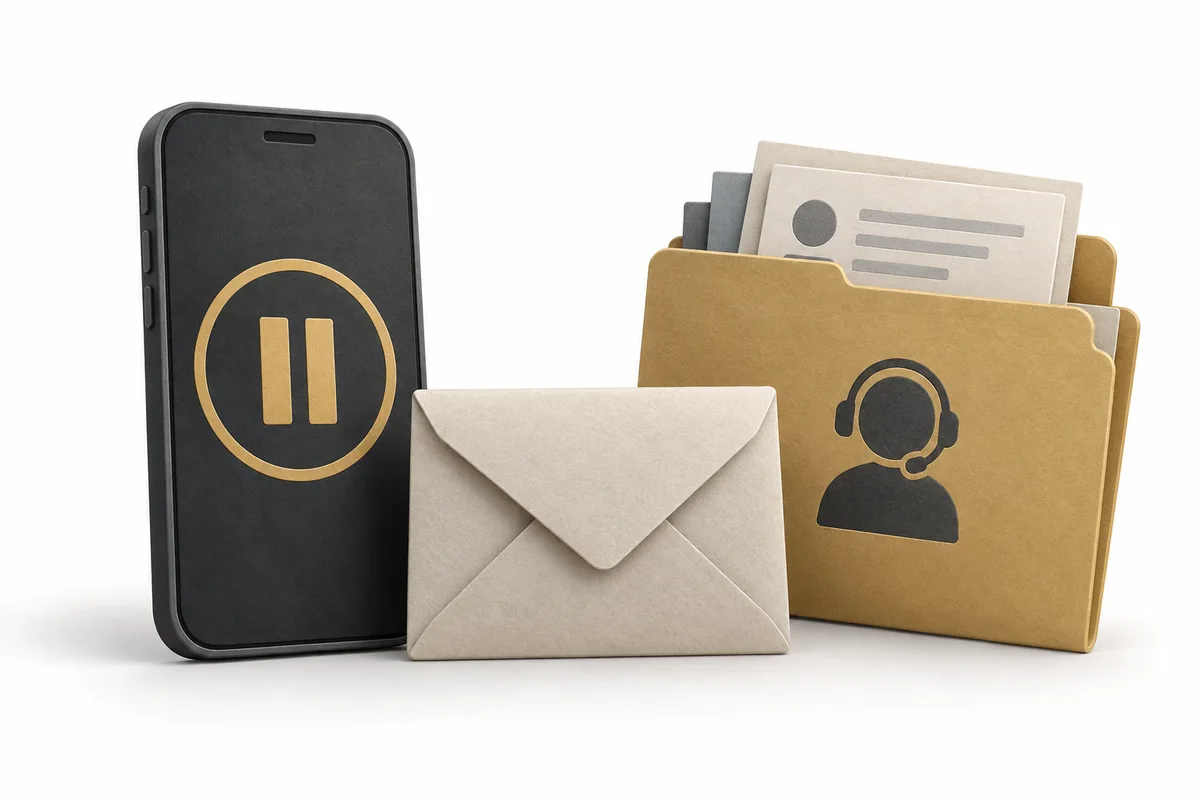 A phone with a pause symbol beside an envelope and an evidence folder.