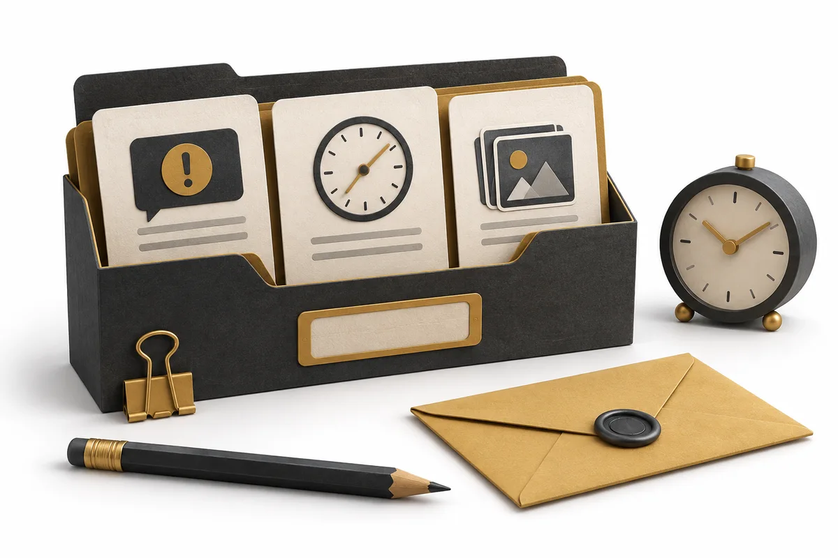 A folder of account records, a clock and an envelope for a review request.