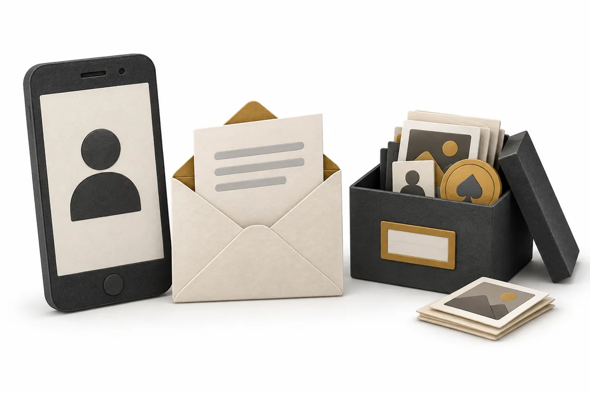 A phone with an account symbol beside an envelope and a records box.
