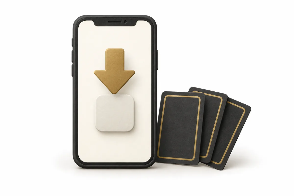 A charcoal phone, a gold download arrow and three face-down cards on a white background.