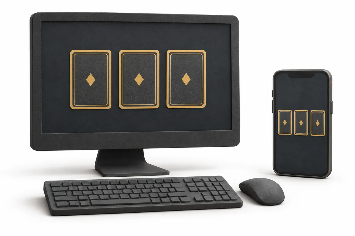 A desktop monitor and a phone displaying conceptual face-down cards.