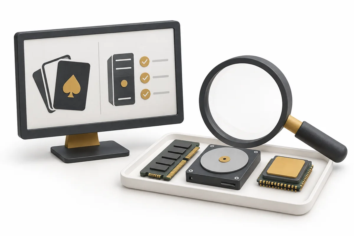 A monitor beside memory, storage and processor components under a magnifying glass.