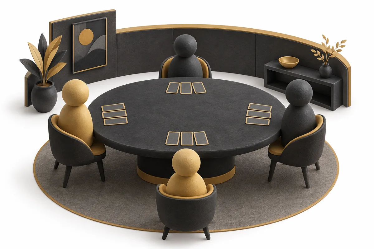 Four seats around a small private card table with face-down cards.