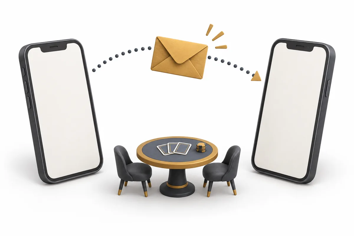 An invitation envelope passes between two phones beside a private-table symbol.