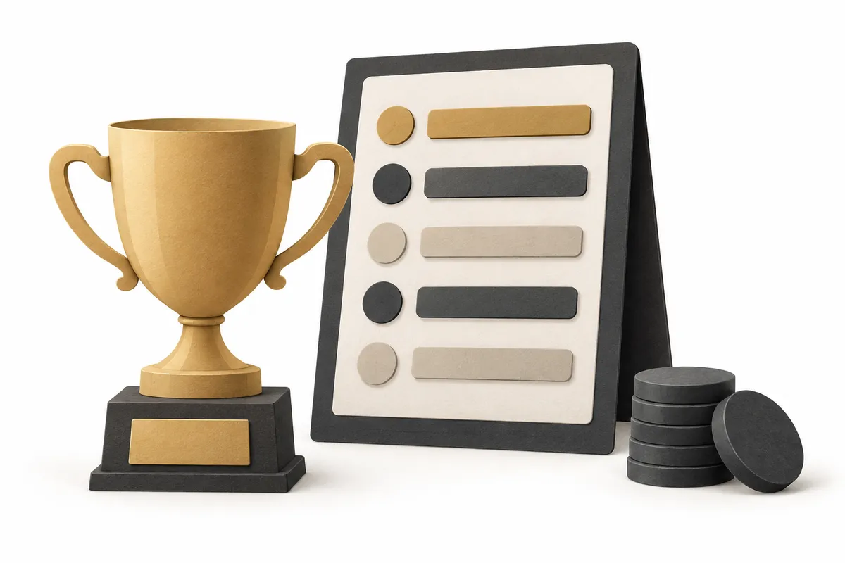 A muted gold trophy beside an unnumbered leaderboard and separate plain game tokens.