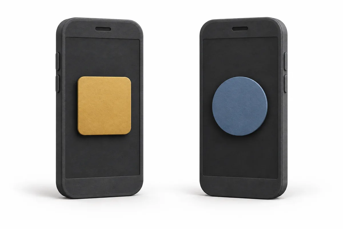 Two separate phones with different geometric app tiles, showing distinct products.