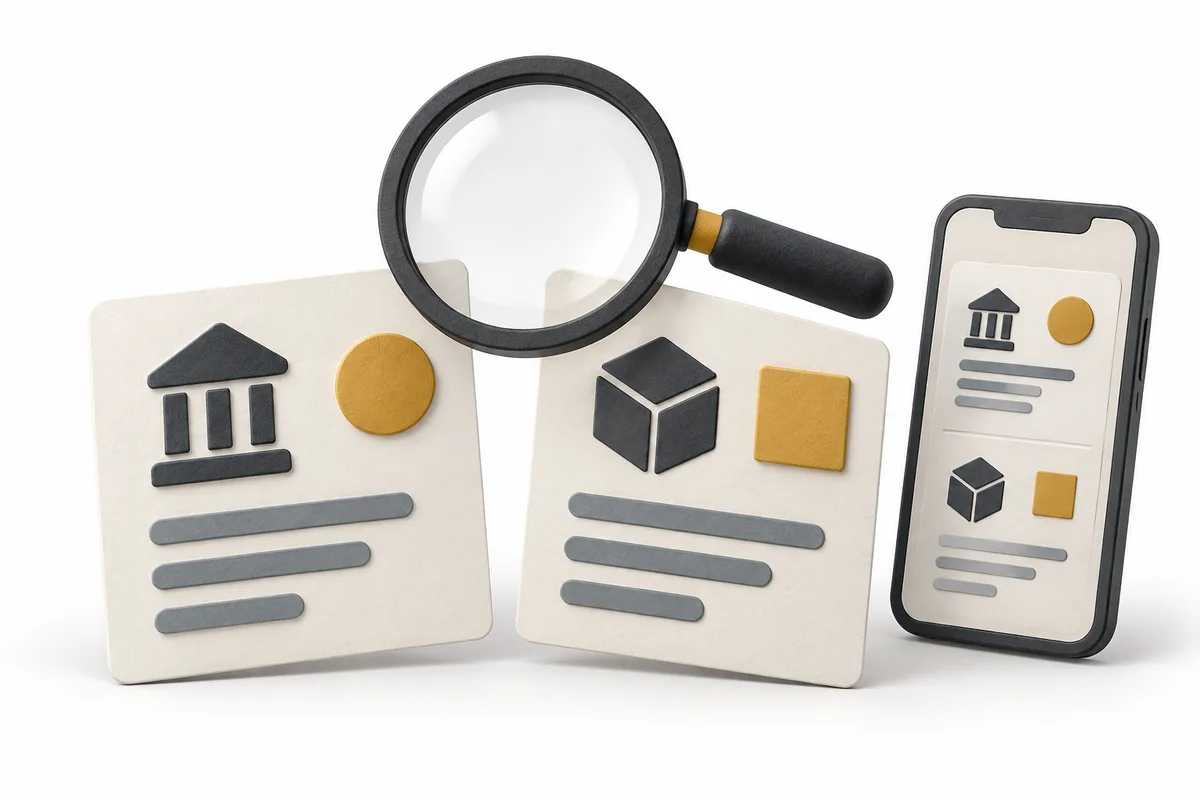 A magnifying glass over two app identity records beside a phone.