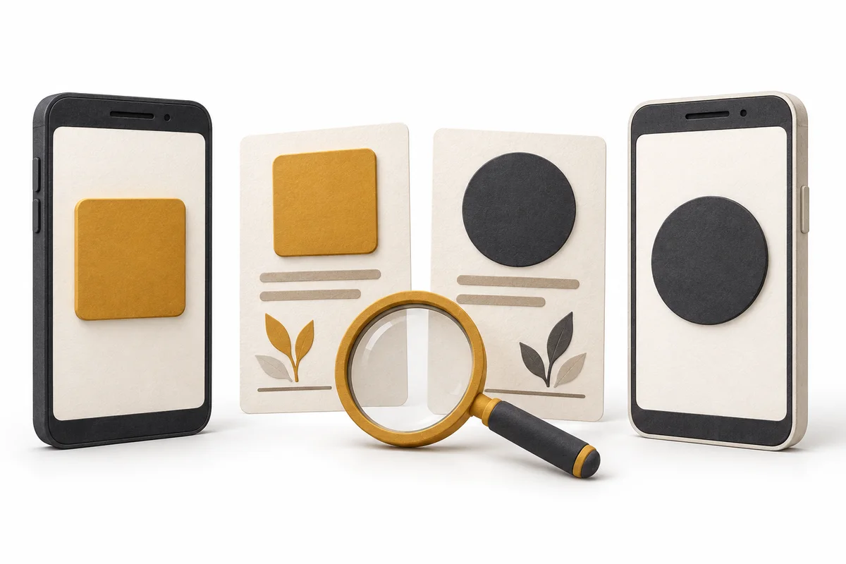 Two phones with different app symbols beside separate identity records and a magnifying glass.