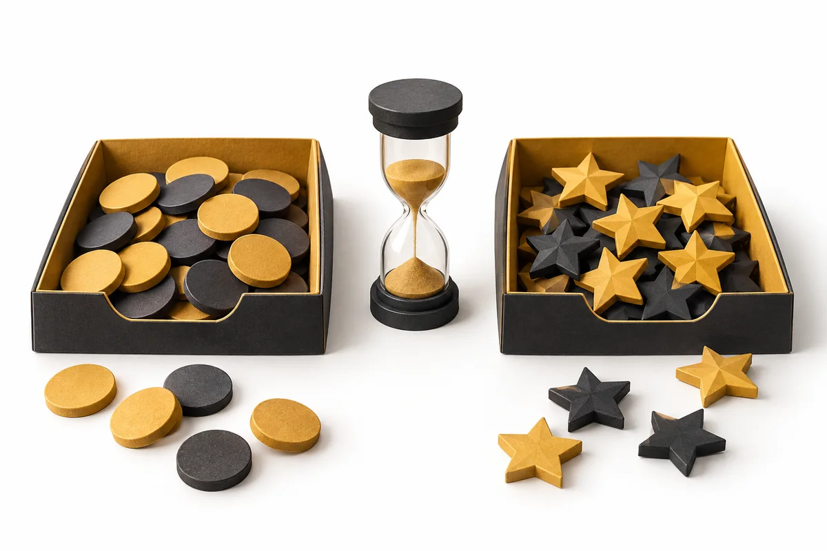 Round game counters and star-shaped event tokens in separate trays beside an hourglass.